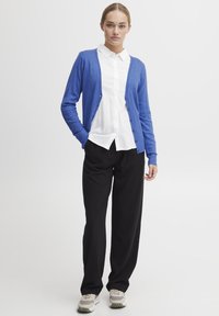 Cardigan bleu avec un devant boutonné, porté sur une chemise blanche à col. Assorti avec un pantalon noir et des baskets de couleur claire. Texture lisse.