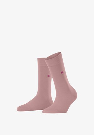 Helle rosa Baumwollsocken mit gerippten Bündchen; mit kleinen lila Blumenakzenten in der Nähe des Knöchels. Entworfen für Komfort und Passform.