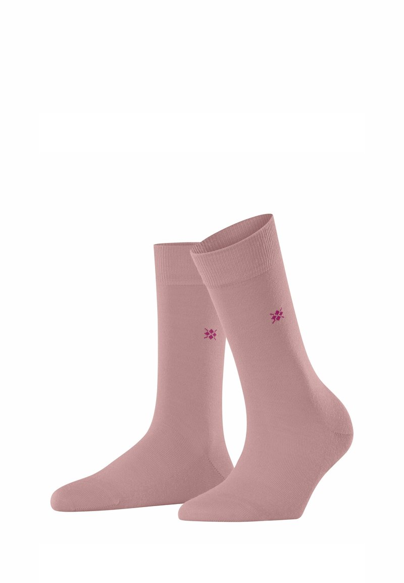 Calzini di cotone rosa chiaro con polsini a costine; presentano piccoli dettagli floreali viola vicino alla caviglia. Progettati per comfort e vestibilità.