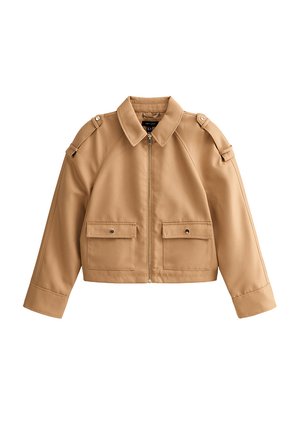 Light brown cropped jacket with zipper front, buttoned flap pockets, a collar, and buttoned shoulder straps.