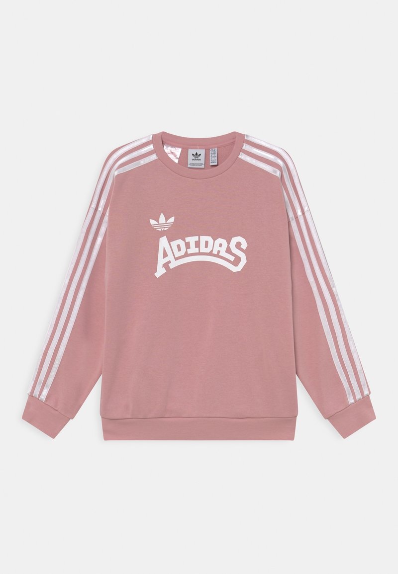 Pink Adidas sweatshirt with white three stripes on sleeves and white Adidas logo and text on front, displayed flat on white background.