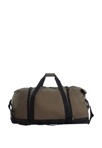 Duffle bag in olive green fabric with black straps. Features a top handle and side pockets for storage. Durable material and structured shape.