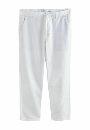 Weiße Freizeithose mit elastischem Bund, Kordelzug, Knopfverschluss, seitlichen Taschen und geraden Beinen, vor weißem Hintergrund gezeigt.