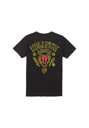 Schwarzes Baumwoll-T-Shirt mit auffälligem gelb-rotem Grafikdruck eines Teufelsschädels und dem Text "HELLFIRE CLUB" auf der Rückseite.