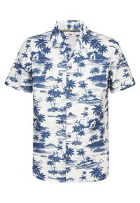 Chemise à manches courtes en tissu avec un fond blanc et un imprimé de paysage tropical bleu, comportant des palmiers, des îles et des voitures vintage.