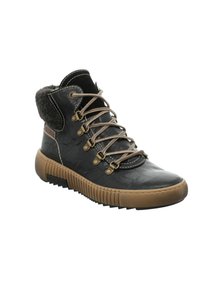 Bottines en cuir noir avec une semelle en caoutchouc beige, un revers en fausse fourrure grise et des œillets en métal pour les lacets. Surface texturée avec des coutures contrastées.