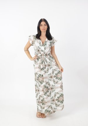 Maxi-jurk van lichtgewicht stof, met een bloemrijk groen-beige patroon, V-hals, korte ruches aan de mouwen en een ceintuur in de taille.