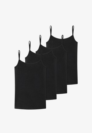 Fünf schwarze ärmellose Camisoles mit dünnen Trägern, die überlappend auf einem weißen Hintergrund angeordnet sind.