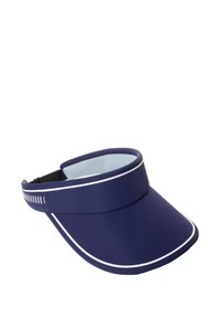 Granatowy daszek wykonany z materiału syntetycznego, z szerszym ronda, białym wykończeniem i regulowanym czarnym paskiem do dopasowania rozmiaru.