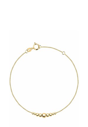 Delicate gouden kettingarmband met een gladde veerring-clasp en een centrale rij van zeven gepolijste gouden kralen.