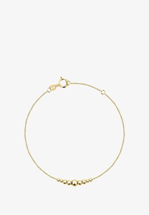 Delicate gouden kettingarmband met een gladde veerring-clasp en een centrale rij van zeven gepolijste gouden kralen.