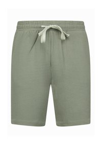 Lichtgroene shorts van een gestructureerde stof met een elastische tailleband en verstelbaar koord. Knie-lange stijl. Geen extra zakken.