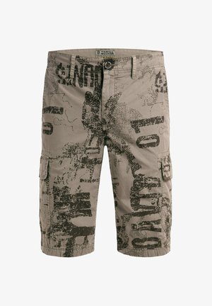 Beige cargo shorts with black abstract and text print, front button closure, belt loops, and side flap pockets.