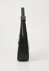 Black leather handbag with a rectangular shape, featuring a side view, adjustable strap, and gold-tone buckle detail. Textured accents visible.