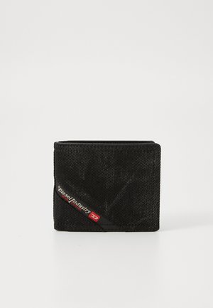 Black textured bifold wallet with "Diesel Industry" logo and red emblem on bottom left corner against white background.