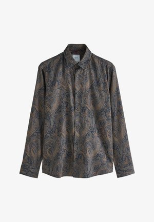 Camicia a maniche lunghe con motivo paisley blu scuro e oro, chiusura con bottoni e colletto classico. Realizzata in tessuto leggero.