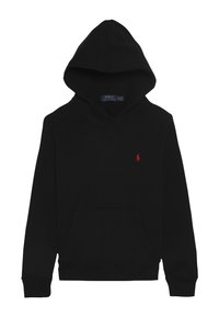 Black hoodie with front pocket, red Polo Ralph Lauren logo on left chest, and visible brand label inside the hood.