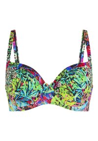 Top bikini colorato e imbottito con vivace stampa di foglie tropicali nei colori verde, blu, rosa e viola. Presenta spalline regolabili e dettaglio decorativo al centro.