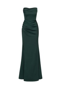 Dunkelgrünes Satin-strapless Kleid mit einem drapierten Oberteil und einem seitlichen Schlitz. Figurbetonte Silhouette mit glatter Textur und elegantem Design.
