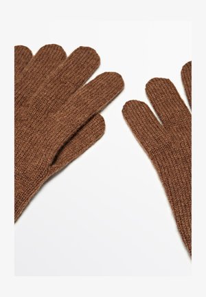 Hnědé pletené rukavice s žebrovanou strukturou, s pěti prstovými sloty, ukazující mírně prodloužený tvar a bezšvový design.
