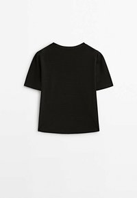 T-shirt noir uni à manches courtes vu de dos, avec un col rond et une texture de tissu simple et lisse.