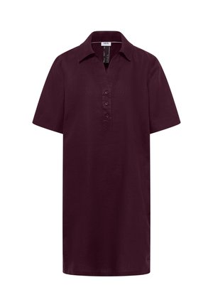 Tumma violetti lyhythihainen pellavamekko, jossa kaulus ja kolmipainikkeinen läppä, polvipituinen, suora leikkaus.