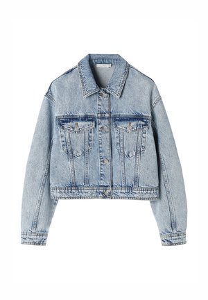 Jachetă scurtă din denim albastru deschis, cu închidere cu nasturi, două buzunare la piept cu nasturi și mâneci lungi.