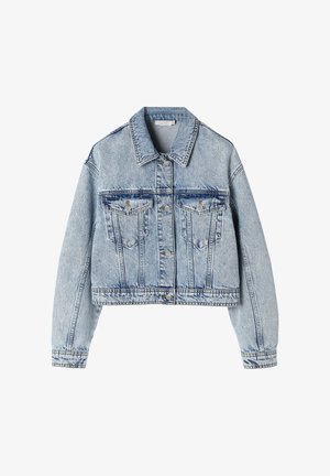 Jachetă scurtă din denim albastru deschis, cu închidere cu nasturi, două buzunare la piept cu nasturi și mâneci lungi.