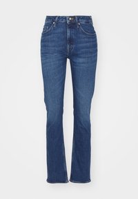 Mörkblå denimjeans med rak bendesign, fem fickor och knappstängning. Har något blekt tyg för textur.