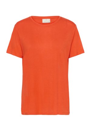 Oranžové tričko s krátkým rukávem a kulatým výstřihem, lehký materiál a volný střih, s jednoduchým designem bez dalších vzorů.