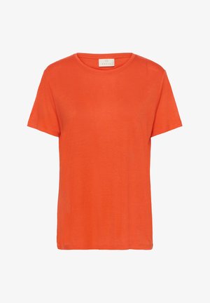 Short-sleeve orange T-shirt made of a soft, lightweight fabric with a round neckline and a relaxed fit. Tag visible at the neck.