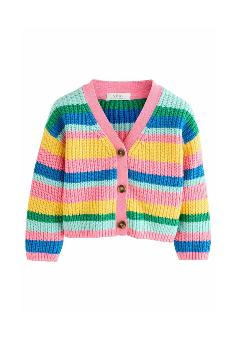 Striped cardigan in green, blue, pink, yellow, and mint. Knitted texture, v-neck, three brown buttons, and ribbed cuffs.