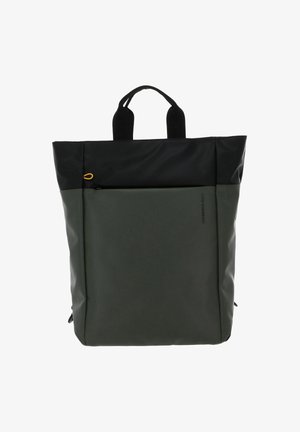 Groene en zwarte waterdichte tote bag met dubbele handvatten, een voorvak met rits en een strakke, minimalistische uitstraling. Geschikt voor dagelijks gebruik.