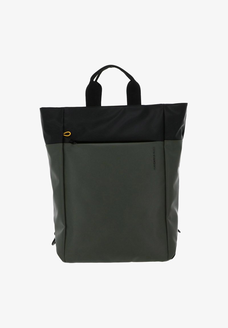 Borsa a spalla impermeabile verde e nera con doppio manico, tasca frontale con zip e design elegante e minimale. Adatta per l'uso quotidiano.