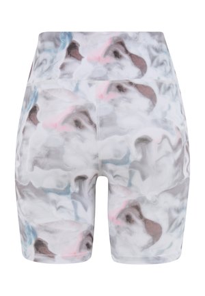 Pantalones cortos de ciclismo de cintura alta en una tela suave y elástica con un estampado de mármol en tonos gris, rosa y azul en espiral. Cuenta con costuras planas.