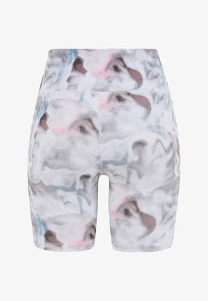 Cyklistické kraťasy s vysokým pásom z mäkkej, pružnej látky so šedým, ružovým a modrým mramorovým vzorom vo vírivom dizajne. Majú ploché švy.