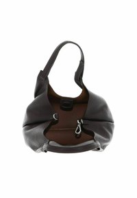 Borsa a tracolla in pelle marrone con una finitura testurizzata, dotata di un manico singolo, apertura superiore e una chiusura sicura. L'interno è di un marrone più chiaro.