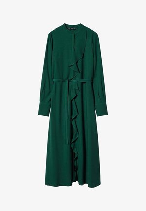 Sukienka z długim rękawem w ciemnozielonym kolorze, z falbaną z przodu, okrągłym dekoltem, zapinana na guziki, z mankietami na rękawach oraz dopasowanym paskiem wiązanym w talii.