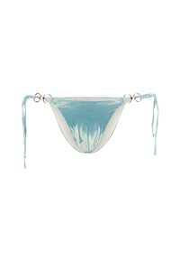 Light blue velvet bikini bottom with triangular shape, adjustable tie sides, and silver ring accents. Smooth inner lining.