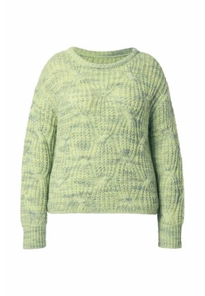 Hellgrüner, grob gestrickter Pullover mit Zopfmustern, langen Ärmeln sowie gerippten Bündchen und Saum, präsentiert auf weißem Hintergrund.