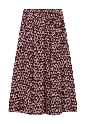 Jupe trapèze bordeaux avec taille élastique, présentant un motif floral petit et clair rose et rouge sur toute la surface.