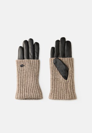 Bruine geribbelde gebreide handschoenen met zwarte leren vingertoppen en duim. Bevat een uitsparing op één handschoen en een klein logo op de manchet.