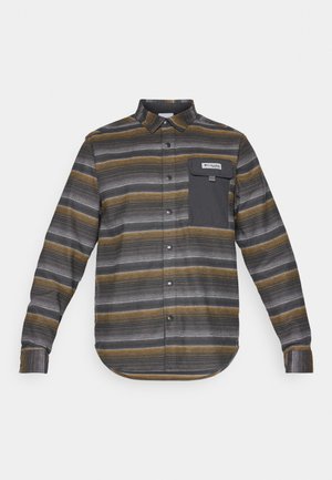 Striped button-up shirt featuring gray, gold, and black colors. Includes a chest pocket with a logo and adjustable cuffs.