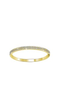Bracciale a bangles in oro con una fila di piccole pietre trasparenti rotonde lungo il bordo esterno. Superficie liscia con una finitura lucida.