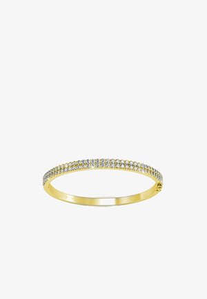 Bracciale a bangles in oro con una fila di piccole pietre trasparenti rotonde lungo il bordo esterno. Superficie liscia con una finitura lucida.