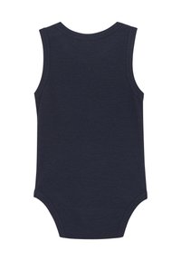 Mørkeblå ærmeløs bodysuit med ribbet tekstur, rund hals og trykknaplukning i bunden for nem påklædning.