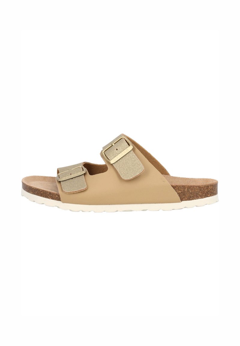 Beige Sandalen mit zwei verstellbaren Riemen und metallischen Schnallen, Korkfußbett, weißer Gummisohle und glatter Textur.