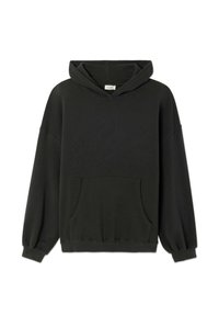 Felpa nera con cappuccio, maniche lunghe, tasca frontale e polsini e orlo a costine. Tessuto morbido e vestibilità comoda.