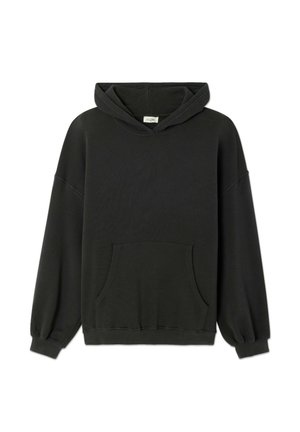 Zwarte hoodie met lange mouwen, een voorkant zak en geribbelde manchetten en onderrand. Zachte stof en een ontspannen pasvorm.