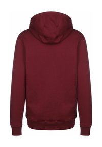 Sudadera con capucha color marrón mostrada desde la parte de atrás, con mangas largas y puños y dobladillo acanalados sobre un fondo blanco.